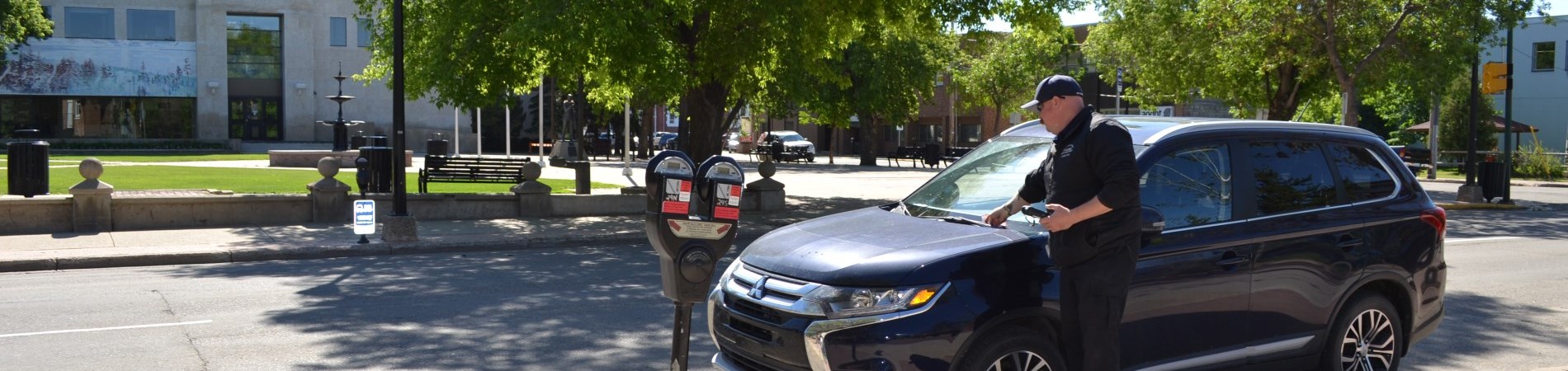 Meter attendant writing a parking ticket