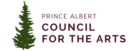 An evergreen tree on the left and the "Prince Albert Council for the Arts" text in burgunday on the right.